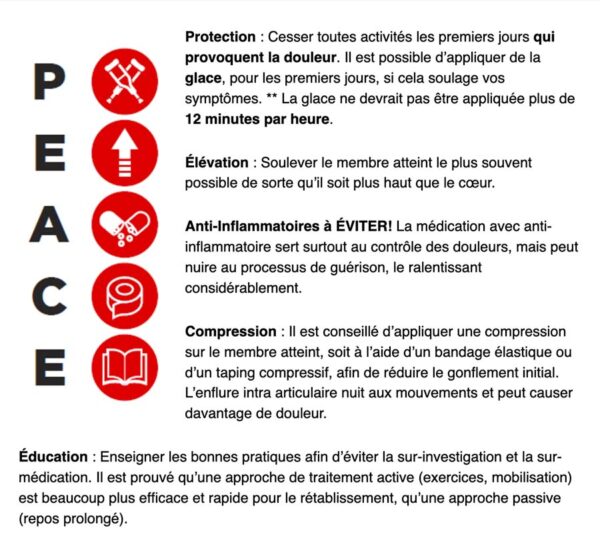 Lors des premiers jours d’une blessure, les tissus ont besoin de paix (PEACE) chez Kinatex Sports Physio, Québec et Ontario.